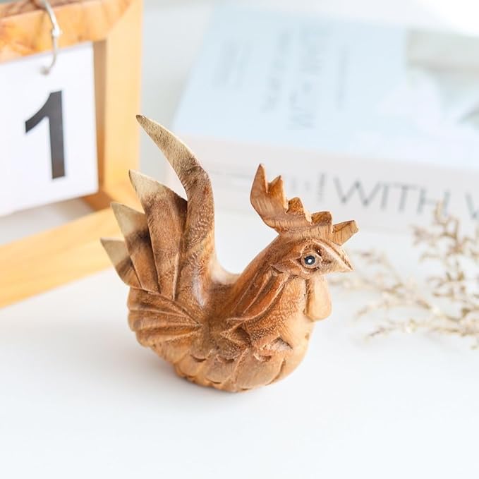 Thai Wooden Hand Carved Wooden Rooster Statue, Sculpture Art Decorative Rustic Home Decor Accent Handmade Handcrafted Decoration (Natural Color)