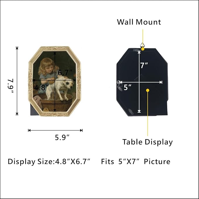 WINPLUS+ 5x7 Vintage Picture Frame, Luxury Antique Polygon Ornate Photo Frame In Pale Gold Tone With Floral Design, Real Glass Front, Retro Home Decor, Wall Mount and Tabletop Display, Art Gallery