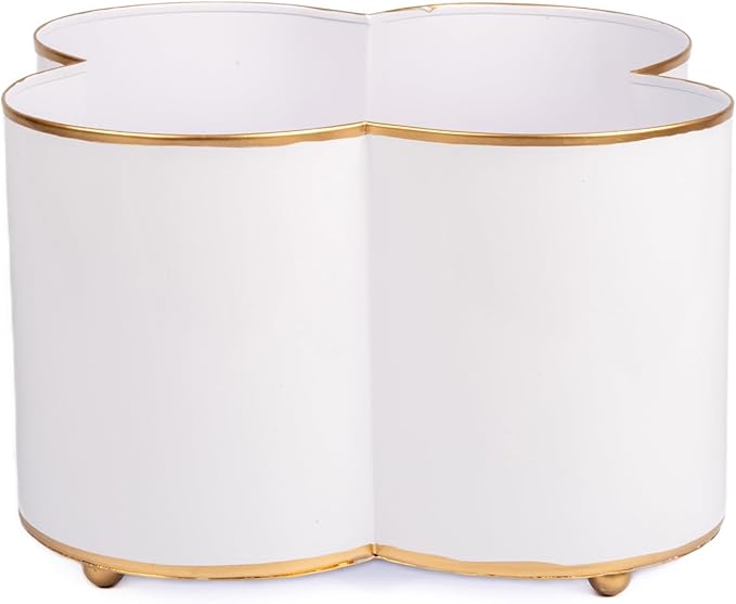 Jaye's Studio Mattie Quatrefoil Planter with Gold Trim, Metal Cachepot Planter, Decorative Flower Pots, Indoor Plant Pots for Living Room, Bedroom, Kitchen, Office, Clover Decor (White, 7x11)