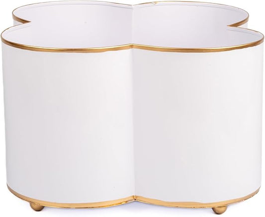 Jaye's Studio Mattie Quatrefoil Planter with Gold Trim, Metal Cachepot Planter, Decorative Flower Pots, Indoor Plant Pots for Living Room, Bedroom, Kitchen, Office, Clover Decor (White, 7x11)