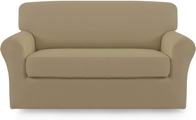 Easy-Going 2 Pieces Microfiber Stretch Sofa Slipcover Spandex Soft Fitted Sofa Couch Cover, Washable Furniture Protector with Elastic Bottom Kids, Pet (Medium, Tan)
