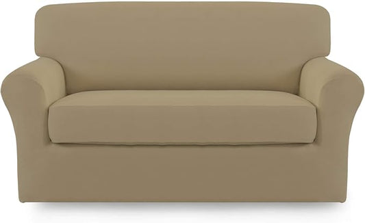 Easy-Going 2 Pieces Microfiber Stretch Sofa Slipcover Spandex Soft Fitted Sofa Couch Cover, Washable Furniture Protector with Elastic Bottom Kids, Pet (Medium, Tan)