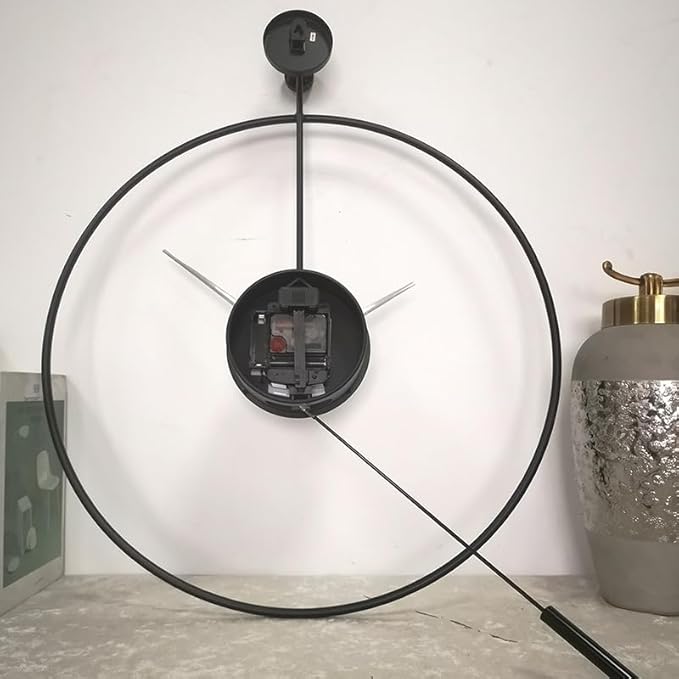 SHISEDECO Classical Large Modern Round Minimalist Wall Clock with Swing Pendulum, Non-Ticking Silent Metal Decorative Creative Art Clocks for Home, Living Room, Bedroom, Study, Office (24", Black)