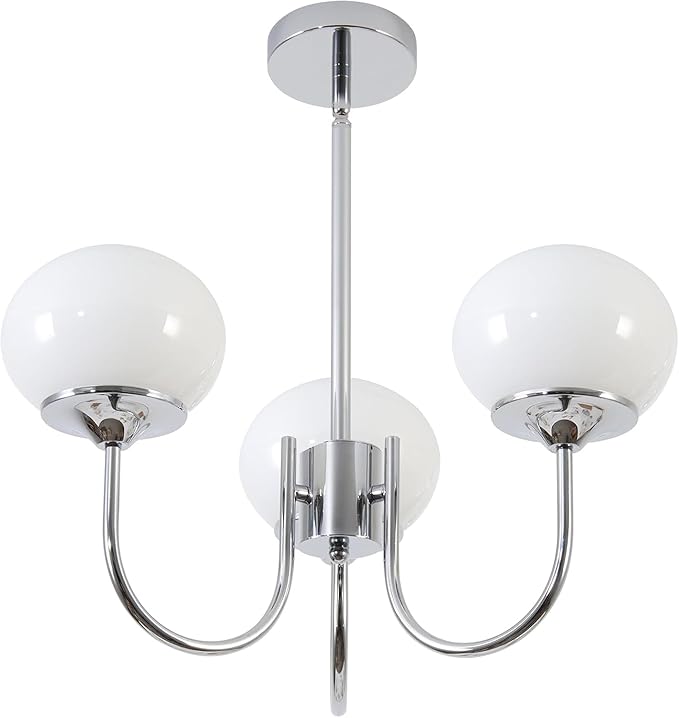 BOKT Modern Sputnik Chandelier 3 Light Glass Globes Silver Chandelier Light Fixture White and Chrome Pendant Lights Vintage Hanging Chandeliers for Kitchen Island Dining Room