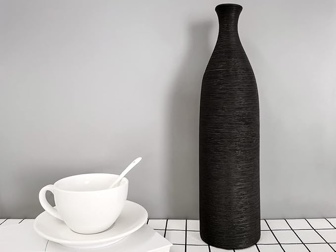 Modern Black Ceramic Vase, 13.3 inch Small Narrow Neck Vases, Ceramic Flower Vases Decorative, Fireplace, Table Decor, Modern Farmhouse Decor Vase