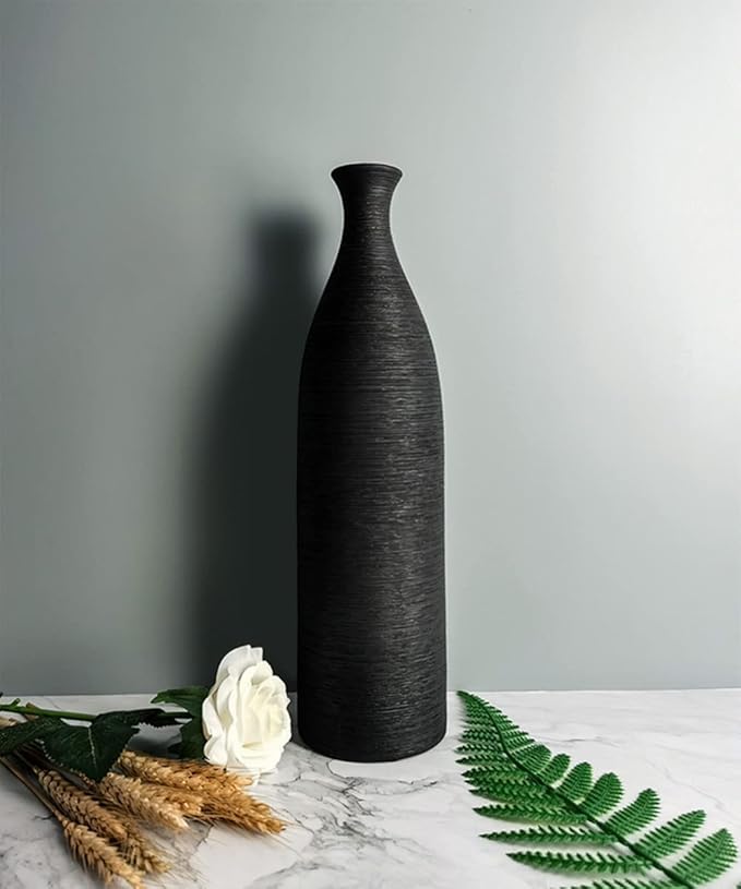Modern Black Ceramic Vase, 13.3 inch Small Narrow Neck Vases, Ceramic Flower Vases Decorative, Fireplace, Table Decor, Modern Farmhouse Decor Vase