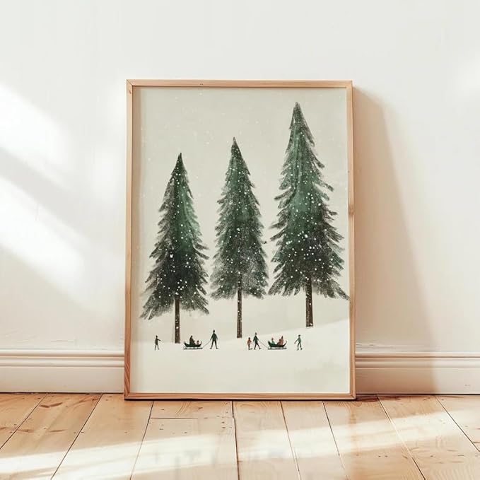 OZCONO Minimalist Winter Wall Art, Whimsy Forest Scene for Holiday Home Decor, Beige Tone Christmas Wall Decor, Neutral Snowy Tree Noel Art (Unframed) (24x36)