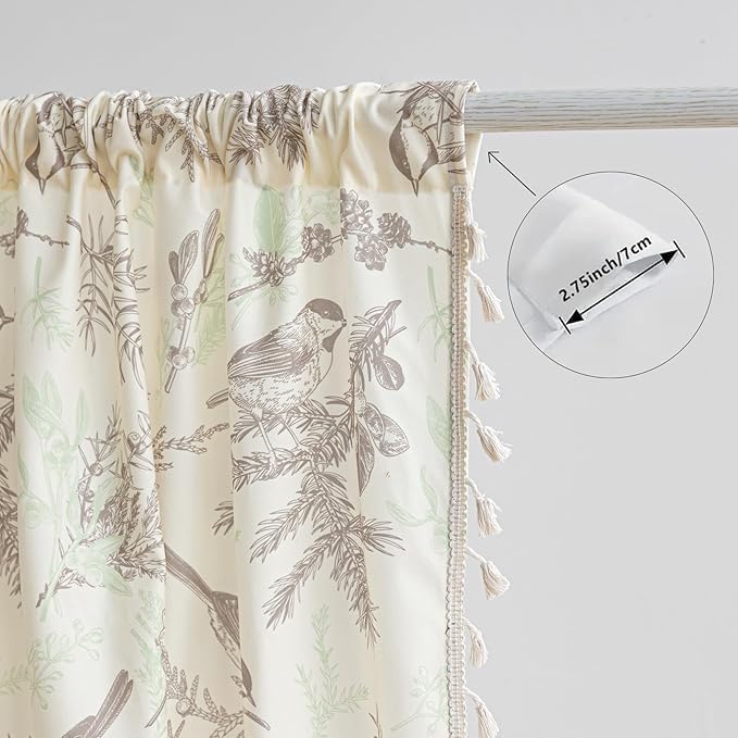Boho Floral Curtains French Country Farmhouse Curtains 63 Inches Long Light Filtering Window Rod Pocket Drapes for Living Room 2 Panels-Beige Birds