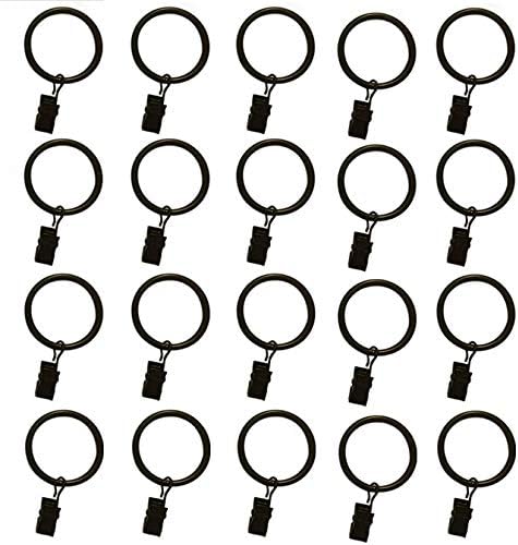 20 Pack Curtain Rings with Clips, Rustproof Curtain Rings with Clips ，Curtain Clip Rings Hooks for Hanging Drapery Drapes Bows, Curtain Rod Rings 1 inch Interior Diameter（ Black）