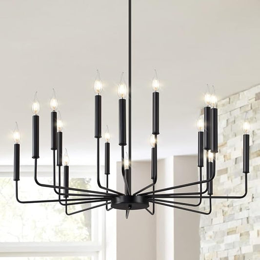 Modern Farmhouse Black Chandelier, 16-Light Rustic Candle Chandelier, Industrial Hanging Chandeliers for Dining Room, Living Room, Kitchen, Foyer, Entryway