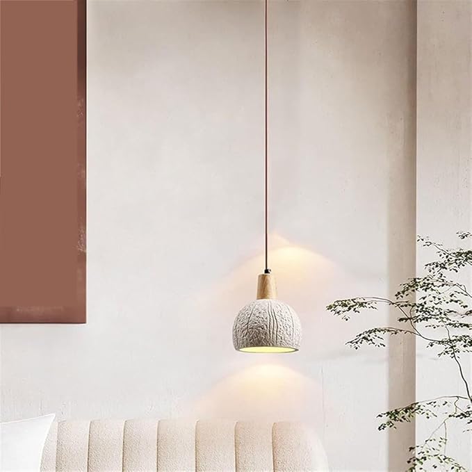 Cement Pendant Light Minimalist Industrial Hanging Lamp Wood Top Globe Pendant Fixtures for Bedroom Bedside Dining Room Kitchen Island Lighting
