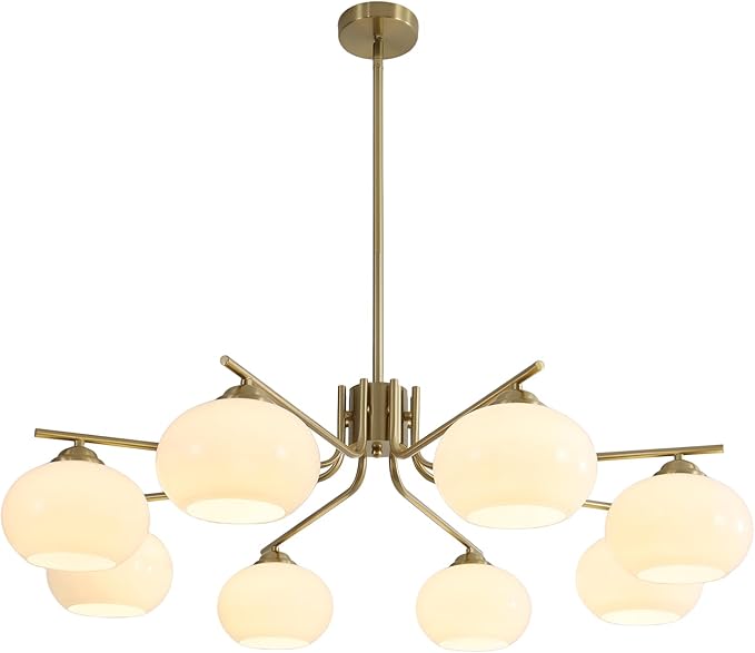KCO Lighting 8-Lights White Glass Globe Sputnik Chandelier Mid Century Modern Gold Semi Flush Mount Ceiling Light Sputnik Chandeliers Milk Glass Ball Chandelier Kitchen Island