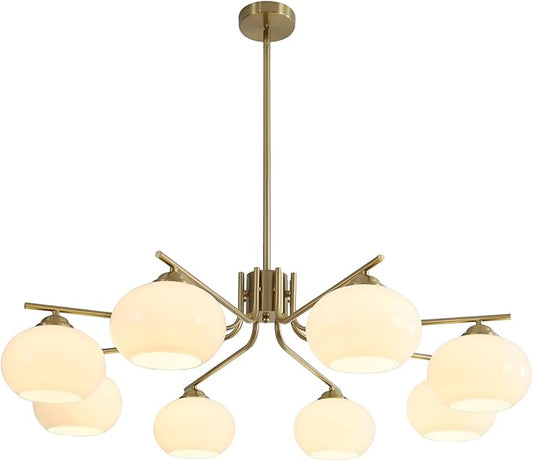 KCO Lighting 8-Lights White Glass Globe Sputnik Chandelier Mid Century Modern Gold Semi Flush Mount Ceiling Light Sputnik Chandeliers Milk Glass Ball Chandelier Kitchen Island