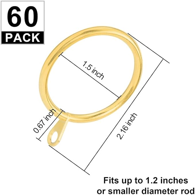 60 pcs 1.5-Inch Inner Diameter Metal Drapery Rings Curtain Rings with Eyelets, Fits Up to 1 1/4-Inch Rod, Gold