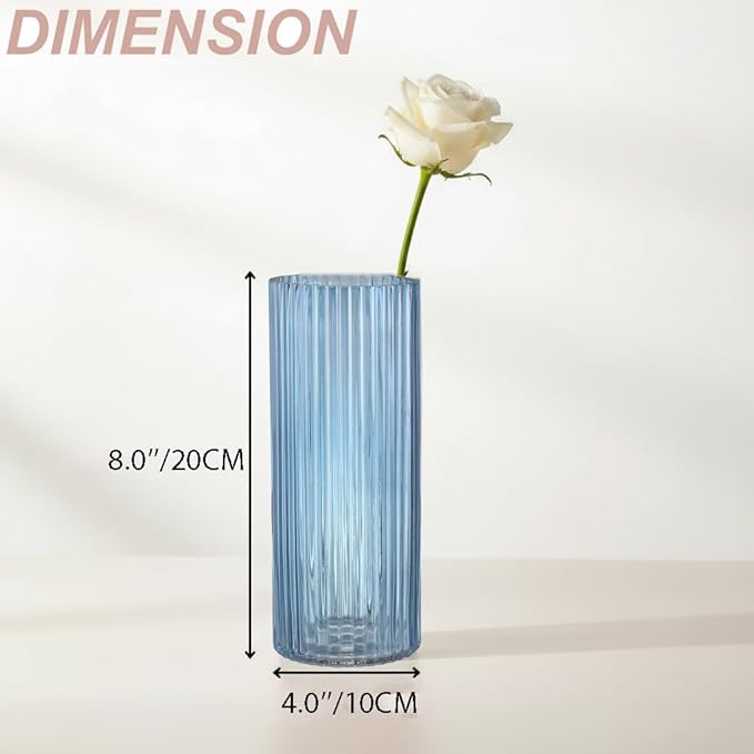 Blue Glass Vases, Flower Vases Set of 3, Ribbed Glass Vase for Tulips, Tall Cylinder Glass Vases for Living Room, Bedroom, Dining Table, Office, Wedding, Bookshelf Decoration, 8 Inches