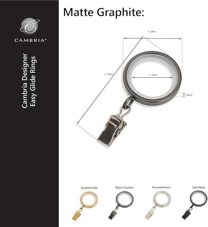 MODE Cambria Designer Series - Premium Easy Glide 18 Count Small Curtain Rings - Metal with Nylon Inserts and Clips - 1 inch Inner Diameter - use for rods 5/8" or Smaller - Matte Graphite