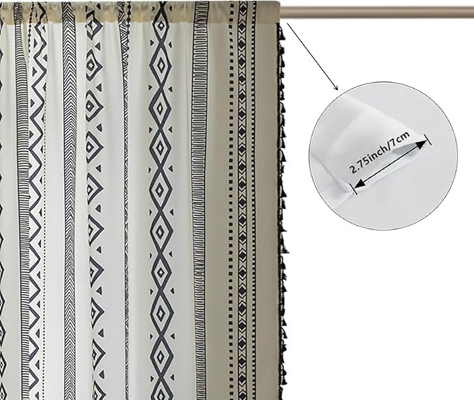 Boho Curtains Geometric Light Filtering Semi-Blackout Window Curtains 102 Inches Long Rod Pocket Drapes for Living Room 2 Panels-Black Totem