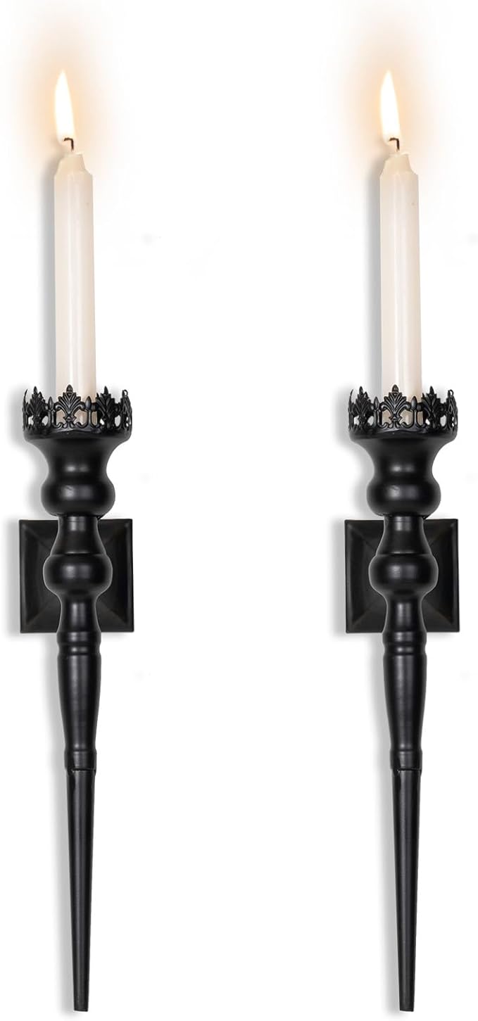 Gothic Wall Sconce Candle Holder for Taper Candles (Set of 2) Black Iron Crown and Scepter Design Victorian Wall Decor for Living Room, Bathroom,Dining Room