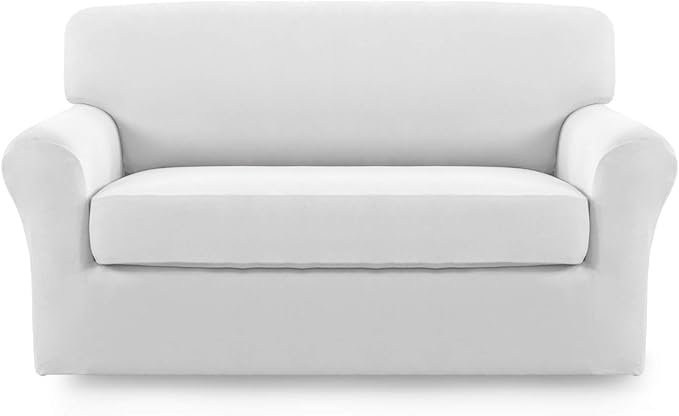 Easy-Going 2 Pieces Microfiber Stretch Sofa Slipcover - Spandex Soft Fitted Sofa Couch Cover, Washable Furniture Protector with Elastic Bottom Kids, Pet (Medium, Snow White
