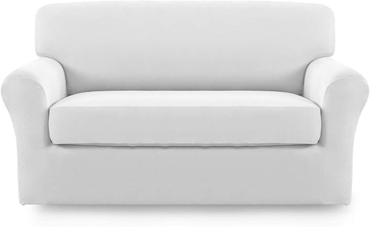 Easy-Going 2 Pieces Microfiber Stretch Sofa Slipcover - Spandex Soft Fitted Sofa Couch Cover, Washable Furniture Protector with Elastic Bottom Kids, Pet (Medium, Snow White