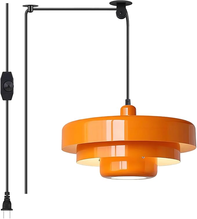 Plug in Pendant Light, Mid Century Orange Hanging Lights with Plug in Cord, 3-Layer Metal Shade, Adjustable Pulley, Dimmable, Vintage Hanging Lamp for Bedroom, Kitchen Island, Dining Room