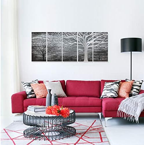 RICHSPACE ARTS Black and Silver Metal Wall Art 3d Abstract Modern Tree Decor Large Sculptures for Bedroom Dinning Room Decoration Contemporary Forest Sculpture Artwork Set of 5 Panels