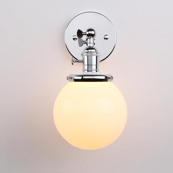 PERMO Vintage Industrial Wall Sconce Lighting Fixture with Mini 5.9" Round Globe Milk White Glass Hand Blown Shade Chrome Sconce