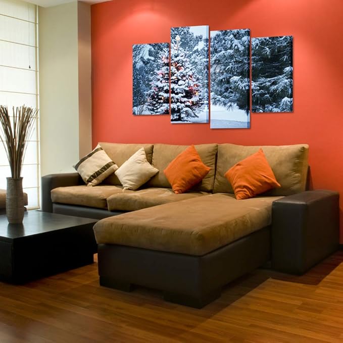 KREATIVE ARTS 4 Pieces Christmas Tree Canvas Print Snowy Winter Forest Pine Trees Scene Pictures Wall Art Giclee Artwork Gallery Wrapped Ready to Hang for Bedroom Walls Gift Idea L47xH32inch