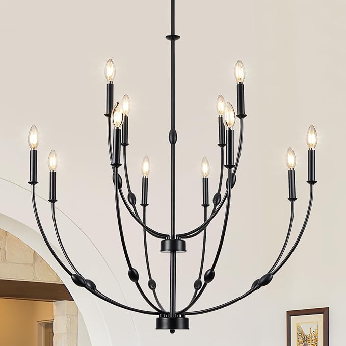 12-Lights Black Farmhouse Chandelier for Living Room, 35 Inch 2-Tiers Large Chandeliers for High Ceilings, Modern Rustic Candle Chandelier for Foyer Entryway