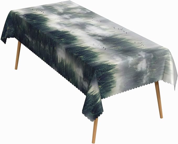 54x70 Inch Nature Rectangular Tablecloth Bird Fog Pine Tree Dreamland Table Cloth Waterproof Durable Table Cover for Holiday Picnic Outdoor BBQ Decor