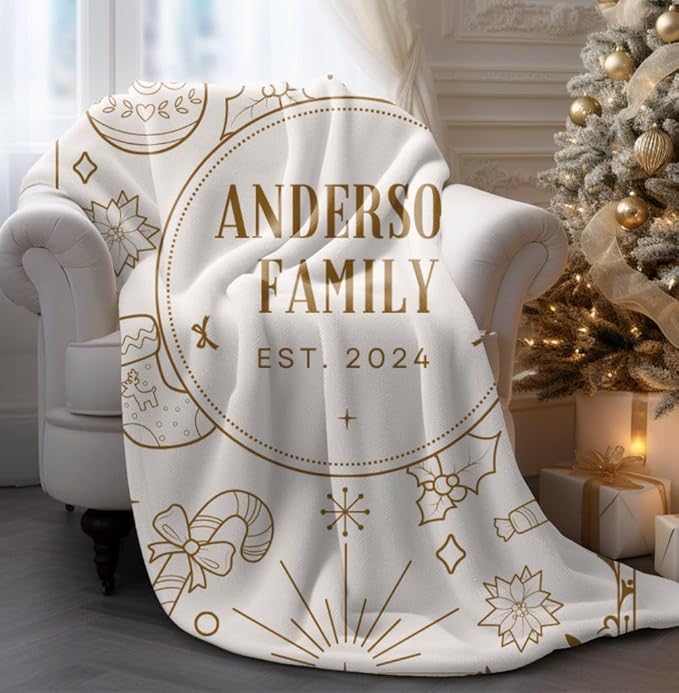 Elegant Gold Line Art Holiday Throw Blanket with Ornaments & Custom Name, Personalized Family Christmas Blanket