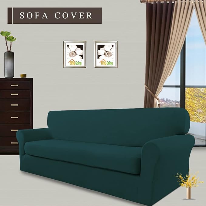 Easy-Going 2 Pieces Microfiber Stretch Sofa Slipcover – Spandex Soft Fitted Sofa Couch Cover, Washable Furniture Protector with Elastic Bottom Kids,Pet (Sofa, Deep Teal)