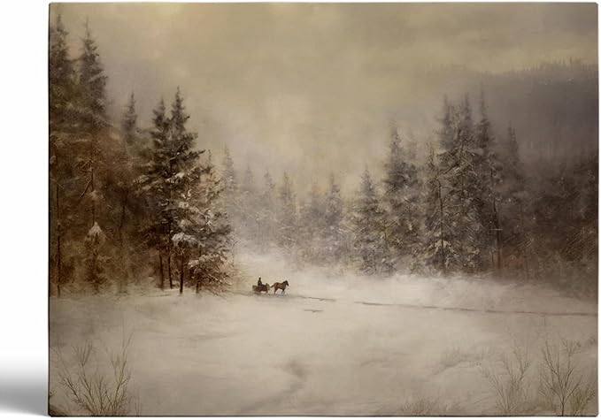 Rustic Winter Landscape Wall Print: Snowy Farmhouse Country Art,Antiques Winter Print,Mid-Century Country Farmhouse Decor