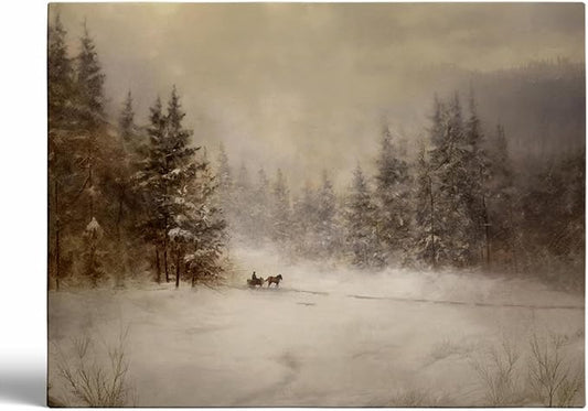 Rustic Winter Landscape Wall Print: Snowy Farmhouse Country Art,Antiques Winter Print,Mid-Century Country Farmhouse Decor
