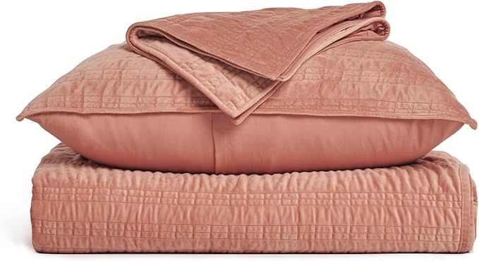 EVERGRACE Velvet Quilt Queen Size, Luxury Velvet Bedding Set, Ultra Soft Ruched Quilt Sets, Lightweight Comforter Vintage Textured Bedspread Coverlet with 2 Shams for All Season, Pink Clay