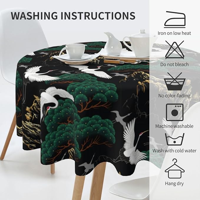 Japanese Tablecloth, Traditional Oriental Crane Vintage Chinese Landscape Luxury Farmhouse Water Resisitant Table Cover for Dining Kitchen Living Room Home Party Holiday Decor 36 inch Round