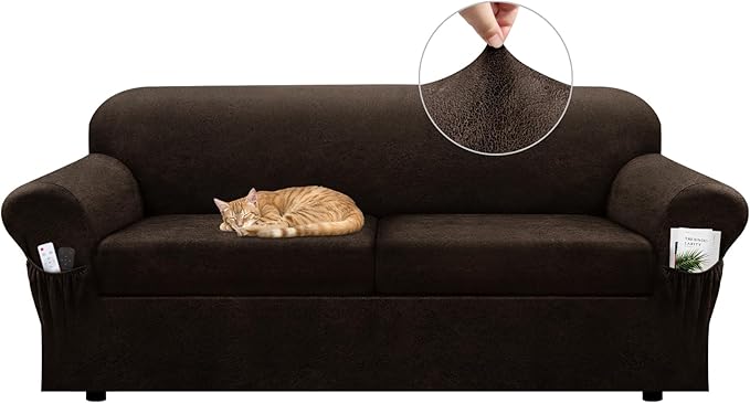 Sofa Slipcover with Armrest Pockets 3-Piece Set, Stretch Faux Leather Couch Cover for 2-Cushion Couches(Fits 72-92") - Non-Slip, Machine Washable, Pet & Kid Friendly - Dark Brown