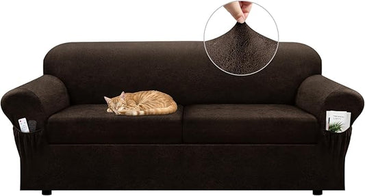 Sofa Slipcover with Armrest Pockets 3-Piece Set, Stretch Faux Leather Couch Cover for 2-Cushion Couches(Fits 72-92") - Non-Slip, Machine Washable, Pet & Kid Friendly - Dark Brown