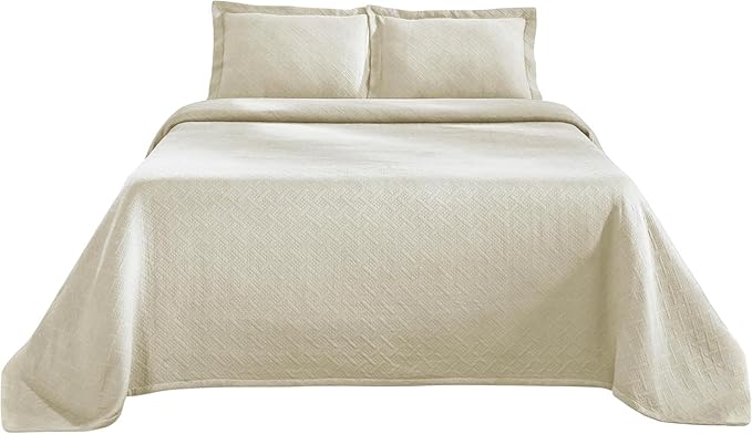 Superior 100% Cotton Basket Weave Bedspread with Shams, All-Season Premium Cotton Matelasse Jacquard Bedding, Quilted-Look Geometric Basket, King, Ivory