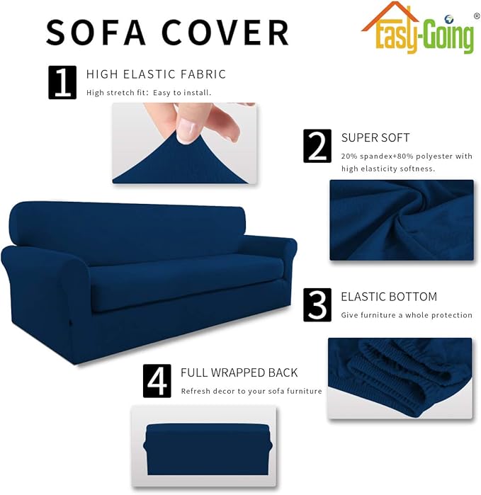 Easy-Going 2 Pieces Microfiber Stretch Sofa Slipcover – Spandex Soft Fitted Sofa Couch Cover, Washable Furniture Protector with Elastic Bottom Kids,Pet (Oversized Sofa, Navy
