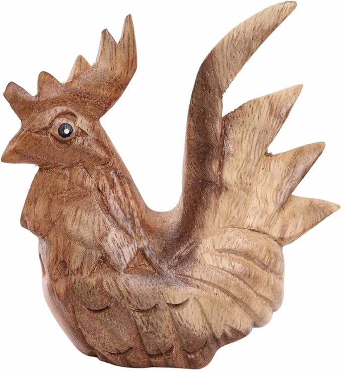 Thai Wooden Hand Carved Wooden Rooster Statue, Sculpture Art Decorative Rustic Home Decor Accent Handmade Handcrafted Decoration (Natural Color)