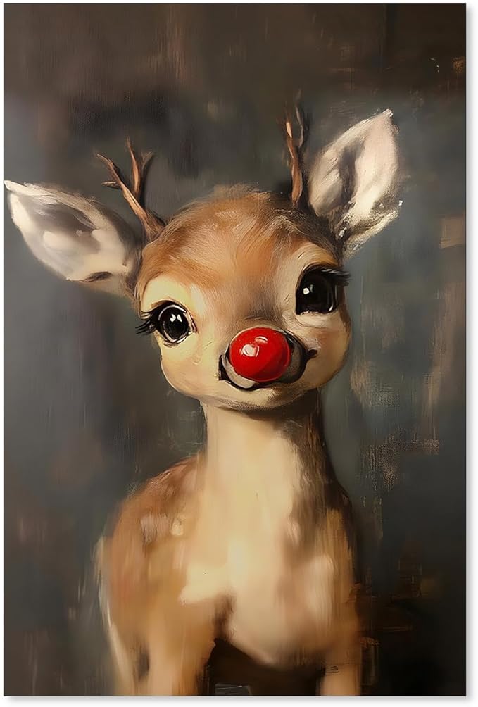 Christmas Reindeer Wall Art Winter Cute Whimsical Animal Canvas Poster Vintage Red Nose Deer Painting Prints for Rustic Living Room Bedroom Wall Decor 24x36 inch Unframed