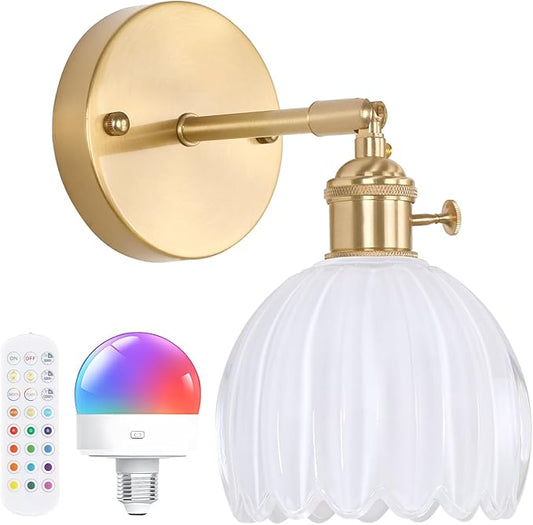 Vintage Battery Operated Wall Sconce with Cute White Tulip Glass Lampshade Wireless Rechargeable Battery Powered Wall Light with Remote Control for Bedside Bedroom Doorway