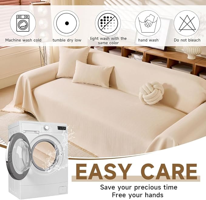 ROOMLIFE Boho Couch Covers White for 3 Cushion Sofa,Couch Cover Sectional Sofa Cover for Dog, Washable Furniture Sofa Protector Cover Soft Blanket with Tassel for Living Room, 71''X134''