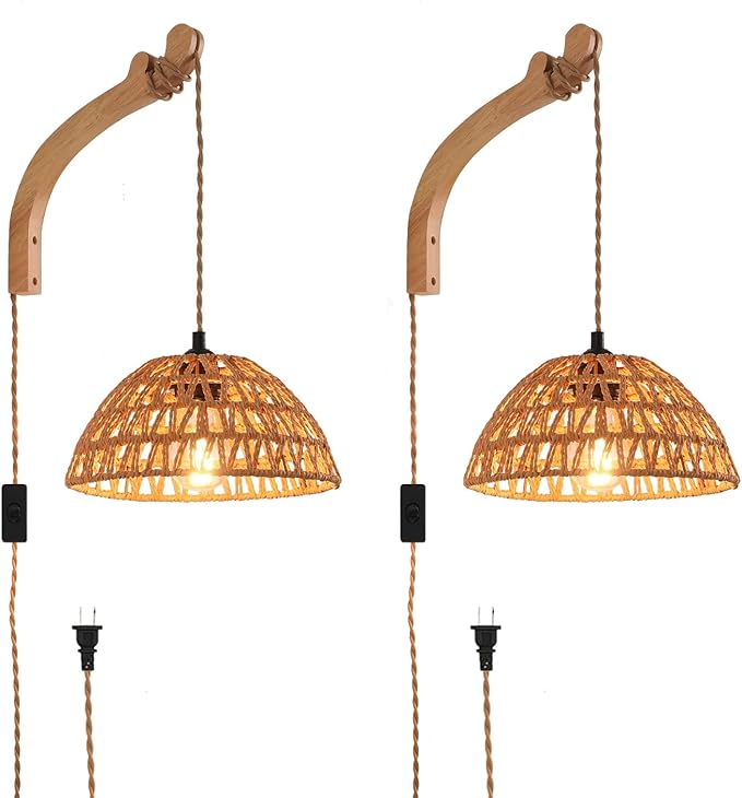 Plug in Wall Sconce,Farmhouse Wicker Wall Lamp Plug in,Hand Woven Rattan Wall Light Farmhouse Rustic Boho Sconces Wall Lighting for Living Room Bedroom