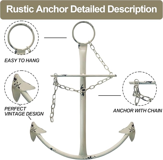 Nautical Anchor Wall Decor,Antique Metal Anchor Art Wall Decor With Chain for Bedroom Living Room Dorm Home/13" Antique Anchor with Chain Wall Decor,Antique Metal Anchor Farmhouse Decor(Creamy White)