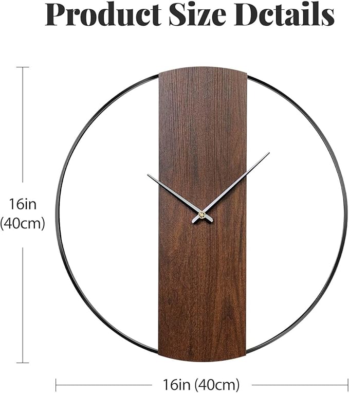 Wall Clock Decorative Modern Minimalist Wall Clocks for Living Room Decor, 16 Inch Silent Non Ticking Battery Operated Rustic Big Clock with Walnut Dial for Bedroom, Kitchen, Farmhouse, Office