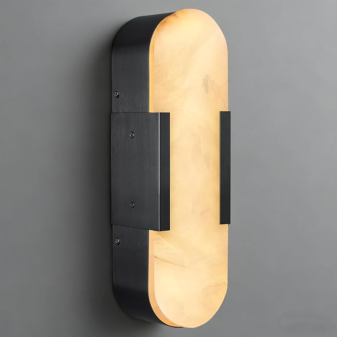 Alabaster Wall Sconce, 13.8" Natural Marble Wall Sconce, Black Alabaster Sconces, Indoor Modern Bathroom Sconces Wall Lighting for Living Room, Bedroom, Hallway, Stairs