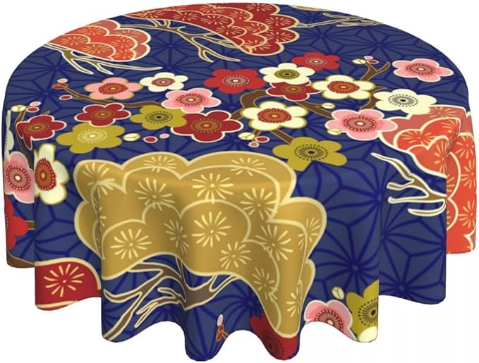 Cherry Blossom Tablecloth, Pink Floral Traditioanal Oriental Koi Vintage Asian Style Water Resisitant Wipeable Table Cover for Dining Kitchen Living Room Home Party Holiday Decor 60 inch Round
