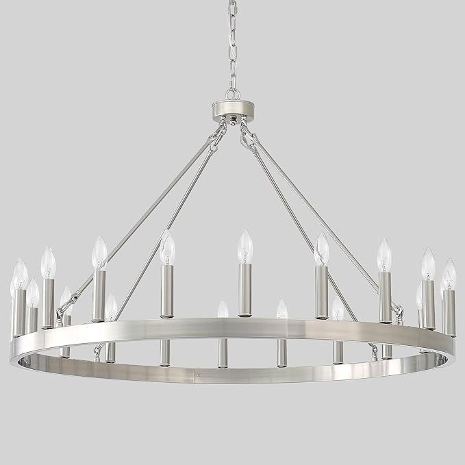 Silver Wagon Wheel Chandelier 40”, Farmhouse Brushed Nickel Chandelier for Dining Room 20-Light, Modern Round Living Room Chandeliers Light Fixture for Foyer, Entryway, E12